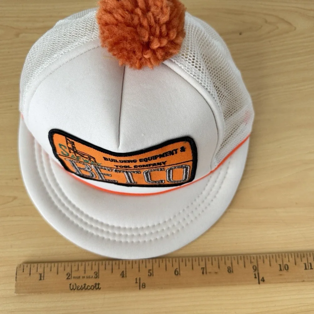 Vintage BETCO Builders Equipment Tool Co Trucker Hat White Orange Pom Pom Cap